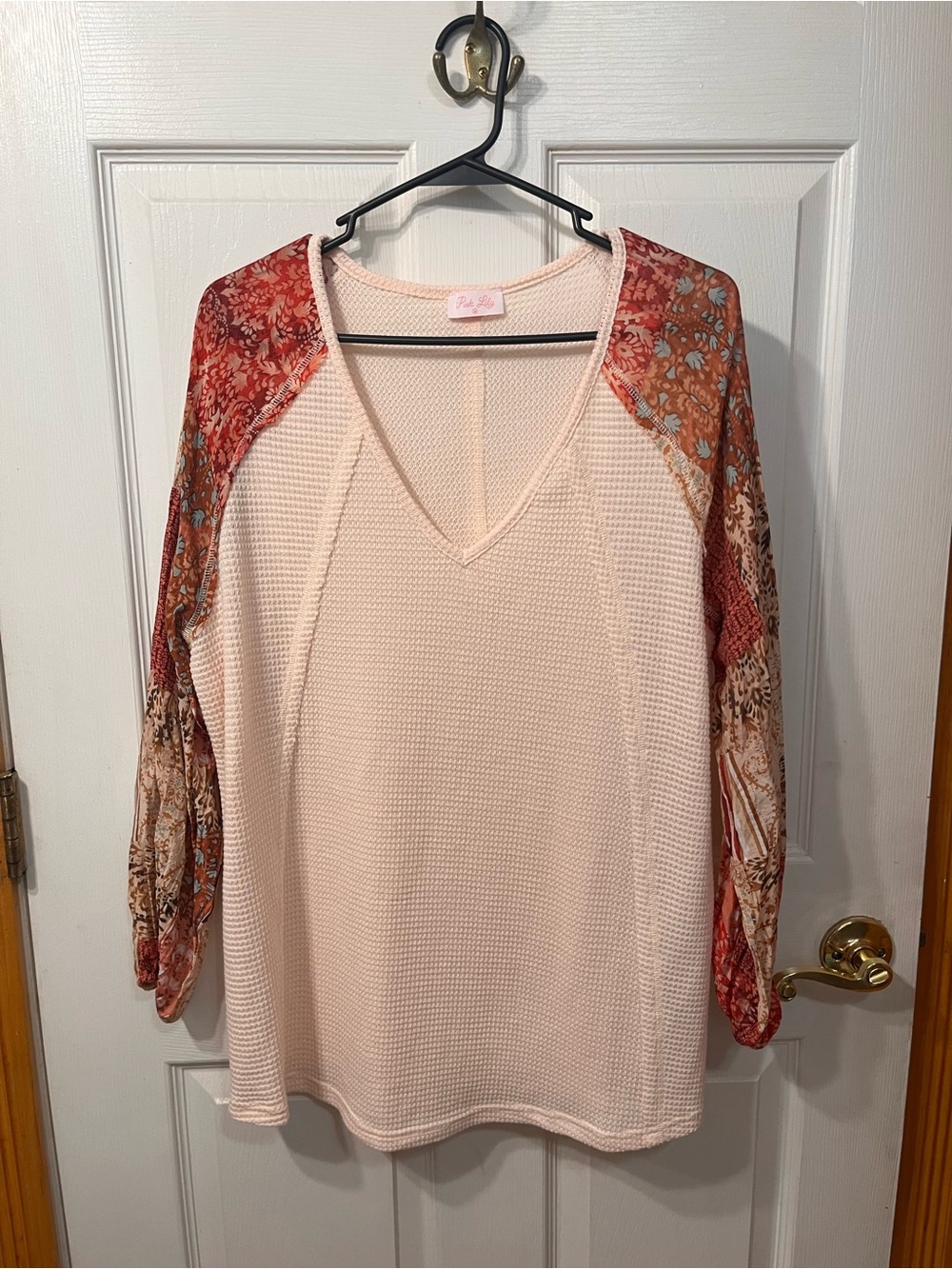 Pink Lily Cream V-Neck Waffle Knit Top with Printed Raglan Sleeves